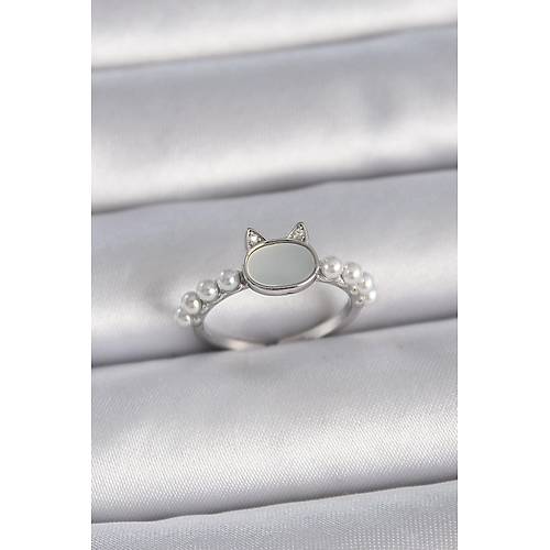 Pirin� G�m�� Renk Ayarlanabilir Beyaz Mineli Kedi Model �nci Detay Kad�n Y�z�k