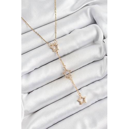 316L �elik Zirkon Ta�l� Y�ld�z Fig�rl� Y Model Gold Renk Kad�n Kolye
