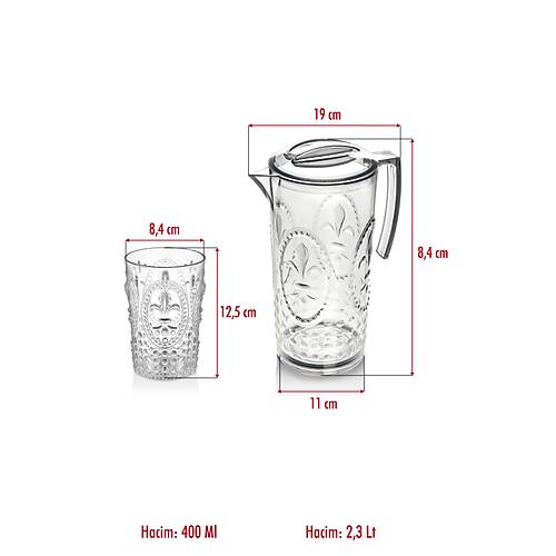 Akrilik �effaf S�rahi 2,3 lt Ve 6'l� & Su Me�rubat Kahve Yan� Barda�� 400 ml Seti ( Cam De�ildir )