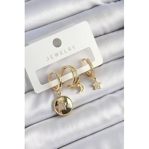 Pirin� Zirkon Ta�l� Y�ld�z Ve Ay Model Gold Renk 3'l� �ift Kad�n K�pe Set