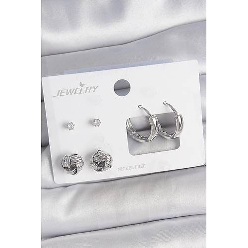 Pirin� G�m�� Renk Zirkon Ta�l� Halka Model 3 �ift Kad�n K�pe Seti