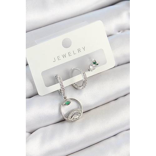 Pirin� Zirkon Ta�l� G�z Ve Bayku� Model G�m�� Renk 3'l� �ift Kad�n K�pe Set