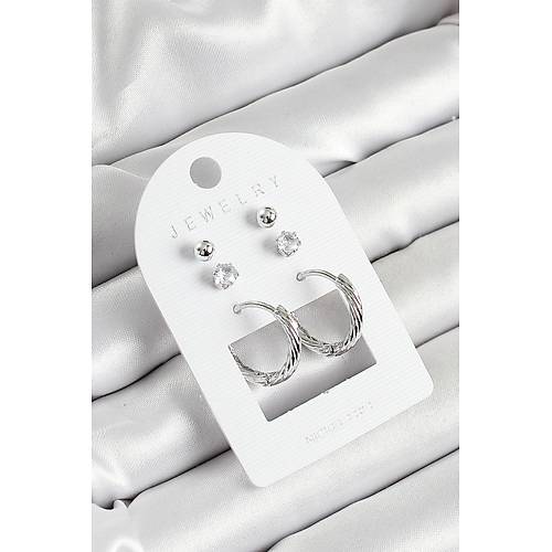 Pirin� Zirkon Ta� Ve Halka Fig�rl� G�m�� Renk 3'l� �ift Kad�n K�pe Set