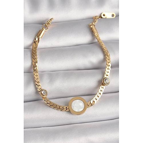316L �elik Gold Renk Yass� Zincir Model Zirkon Ta� Detayl� Beyaz Mineli Madalyon Model Kad�n Bileklik