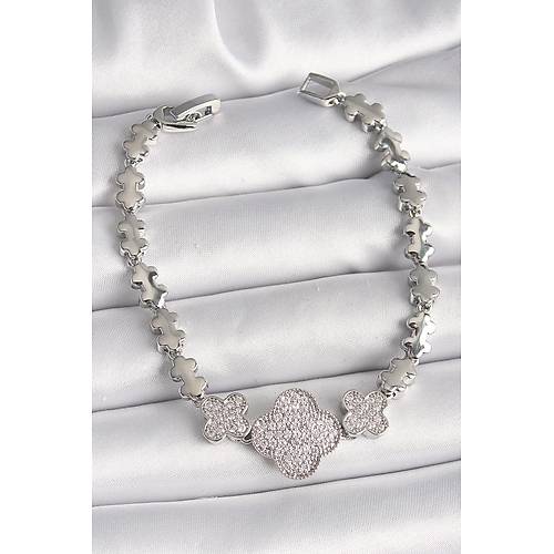 Pirin� G�m�� Renk Zirkon Ta�l� Yonca Model Zincir Model Kad�n Bileklik