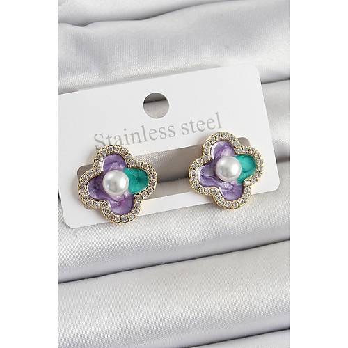 Pirin� Mor Mineli �nci Detayl� Zirkon Ta�l� Sanatsal Portre Yonca Model Gold Renk Kad�n K�pe