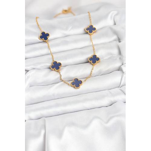 316L �elik Zincir Gold Renk Lacivert Yonca Kad�n Kolye