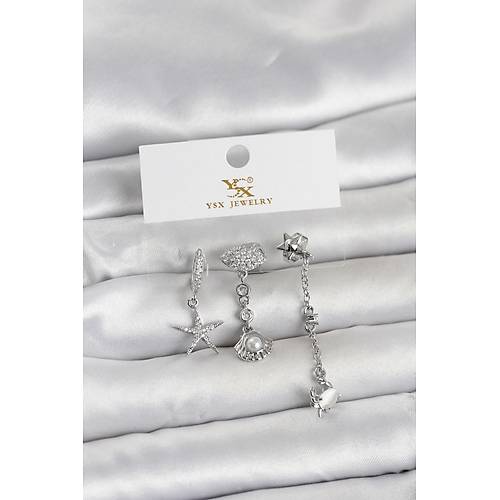 Pirin� G�m�� Renk Zirkon Ta�l� Deniz Temal� 3'l� Kad�n K�pe