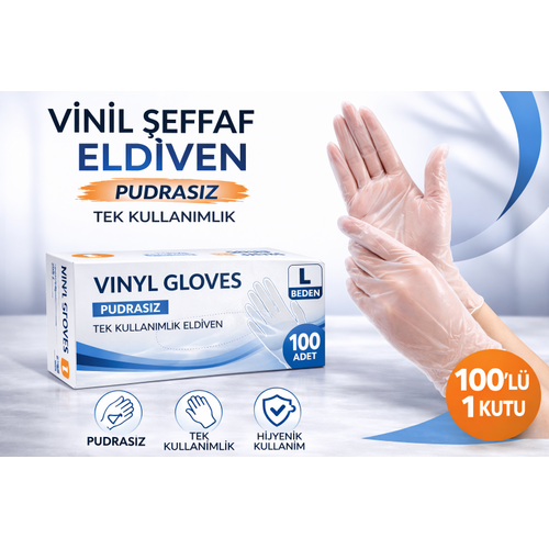 Vinil �effaf Eldiven L Beden 100�l� 1 Kutu Tek Kullan�ml�k Pudras�z Vinil Muayene ve Hijyen Eldiveni