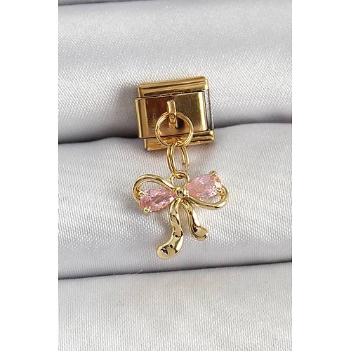 316L �elik Sallant�l� Zirkon Ta�l� Fiyonk Model Gold Renk Nomination Charm