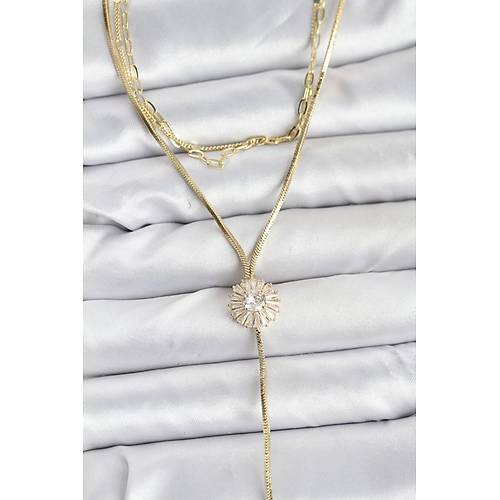 Pirin� Gold Renk Zirkon Ta�l� Papatya Model Detayl� 3'l� Kombin Y Kad�n Kolye