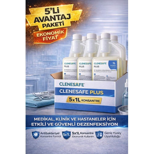 Clenesafe Plus 1 L Konsantre �n Temizleme ve Dezenfeksiyon Sol�syonu Medikal Y�zey Temizleyici 5 Adet