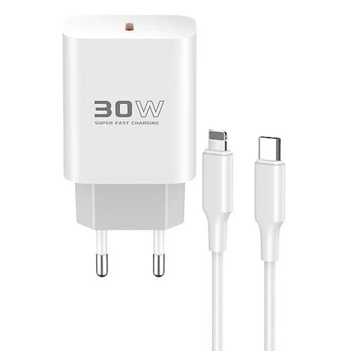 C87C 30W Type-C ��k��l� Ekstra DL50 1M Type-C to Lightning Kablolu PD �arj Cihaz� - Beyaz