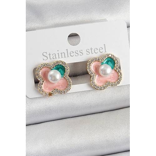 Pirin� Pembe Mineli �nci Detayl� Zirkon Ta�l� Sanatsal Portre Yonca Model Gold Renk Kad�n K�pe