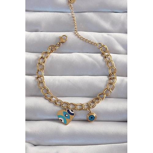 316L �elik Gold Renk Nazarl� Kalp Model Zincir Bileklik