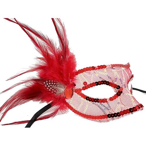 K�rm�z� Renk Yandan T�yl� Pul Payet ��lemeli Parti Maskesi 23x12 cm