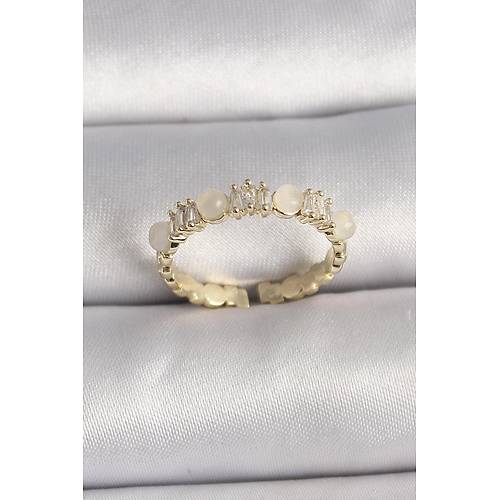 Pirin� Gold Renk Zirkon Ta�l� Beyaz Mineli Ayarlanabilir Y�z�k
