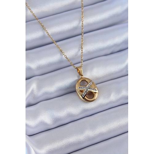 316L �elik Gold Renk Zirkon Ta�l� Kad�n Kolye