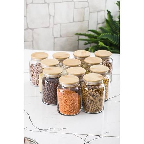 12 Li Set Bambu Kapakl� Cam Kavanoz & Erzak Saklama Kab� 800 ml Orta Boy ( Vakum Kapak )