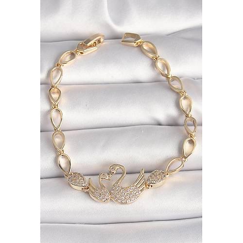 Pirin� Gold Renk Zirkon Ta�l� Ku�u Fig�r Damla Zincir Model Kad�n Bileklik