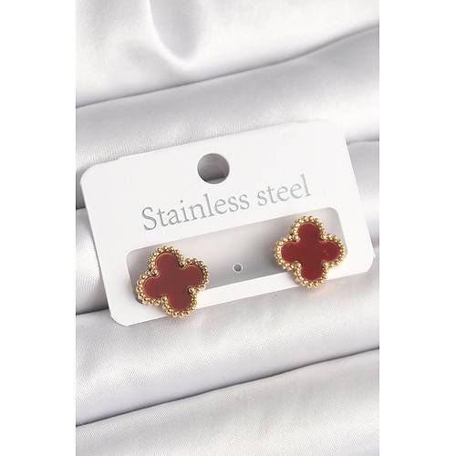 Pirin� Gold Renk Bordo Yonca Model Kad�n K�pe