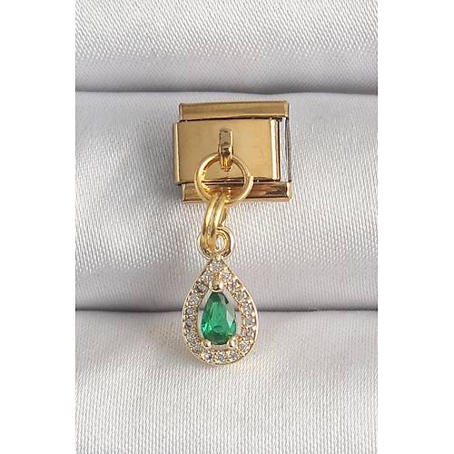 316L �elik Gold Renk Sallant� Damla Ye�il Zirkon Ta�l� Nomination Charm