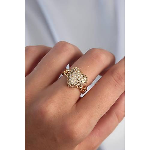Pirin� Ayarlamal� Gold Renk Zirkon Ta�l� Bombeli Kalp Y�z�k