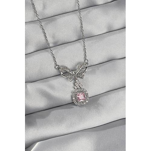 316L �elik G�m�� Renk Fiyonk Detay Pembe Zirkon Ta�l� Tekta� Kolye