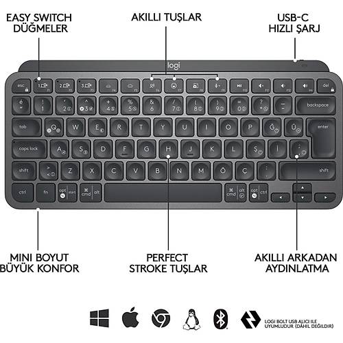 LOGITECH MX KEYS MINI MINIMALIST KABLOSUZ BLUETOOTH AYDINLATMALI Q TR KLAVYE S�YAH 920-010504