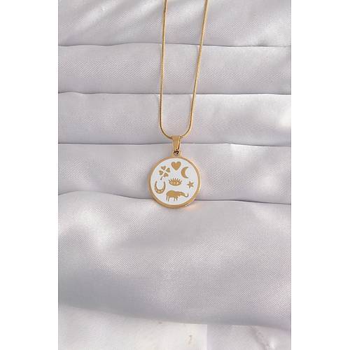 316L �elik Gold Renk Beyaz Mineli Kar���k Fig�rl� Tarot Kolye
