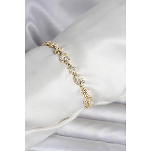 Pirin� Gold Renk Zirkon Ta�l� Ay ve Y�ld�z Model Kad�n Bileklik