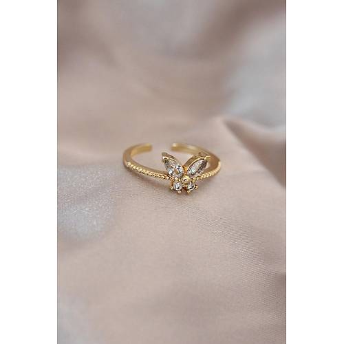 Ayarlamal� Alt�n Renk Metal Zirkon Ta� ve Kristal Ta�l� Kelebek Model Y�z�k