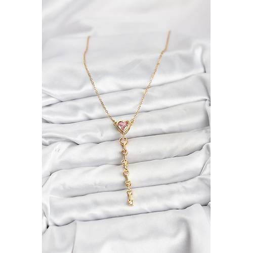 316L �elik Zincir Gold Renk Pembe Kalp Kad�n Kolye