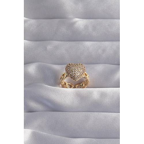 Pirin� Ayarlamal� Gold Renk Zirkon Ta�l� Bombeli Kalp Y�z�k