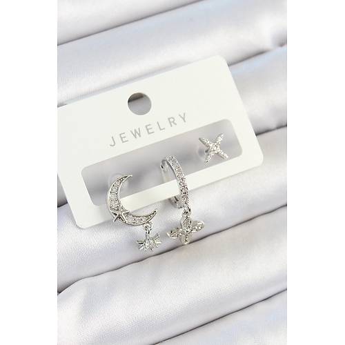 Pirin� Zirkon Ta�l� �i�ek Ve Ay Model G�m�� Renk 3'l� �ift Kad�n K�pe Set