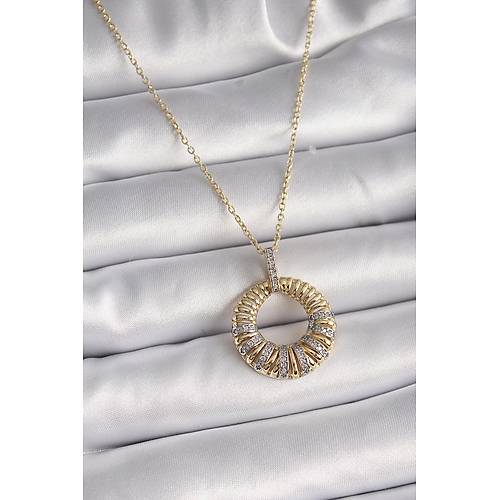 316L �elik Gold Renk Zincir G�m�� Zirkon Ta�l� Daire Model Kad�n Kolye
