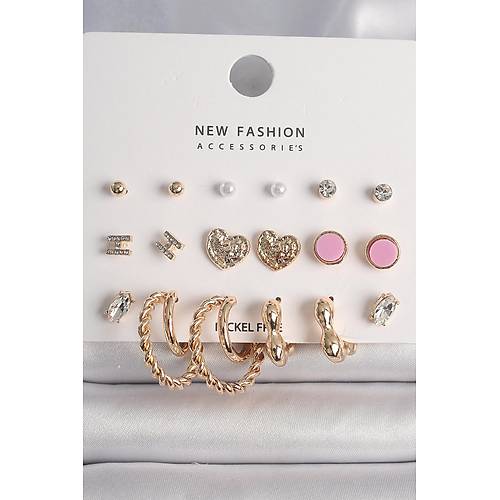 Pirin� Gold Renk Zirkon Ta�l� Burug Halka Model ��lemeli Kalp Detay 9 �ift Kad�n K�pe Seti