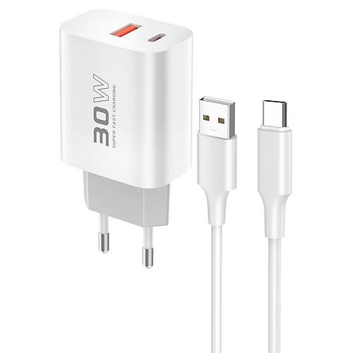 C89Q 1 Adet 30W Type-C ve 1 Adet 22.5W USB ��k��l� Ekstra DL49 1M USB to Type-C Kablolu PD �arj Cihaz� - Beyaz