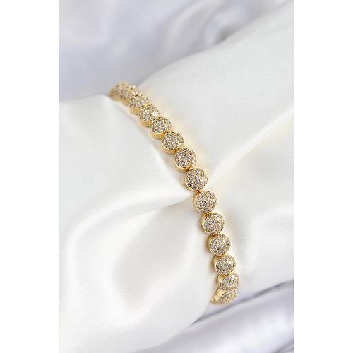 Pirin� Zirkon Ta�l� Yar�m Topcuk Model Gold Renk VIP Seri Kad�n Bileklik