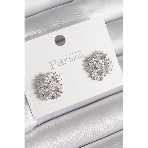 Pirin� G�m�� Renk Zirkon Ta�l� Yonca Model Kad�n K�pe