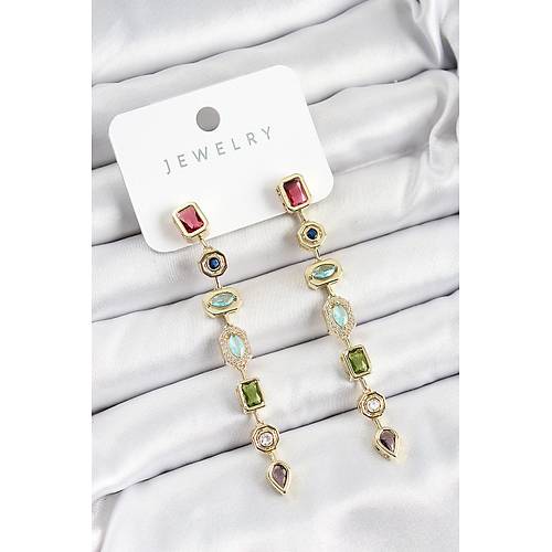 Pirin� Renkli Zirkon Ta�l� Sallant�l� Model Gold Renk Kad�n K�pe