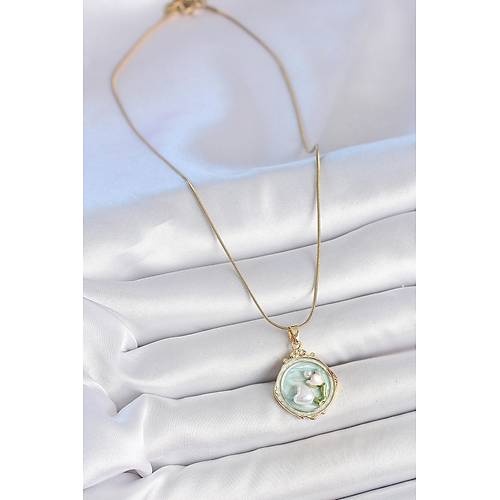316L �elik Gold Renk Zincir Turkuaz Mineli �ncili �i�ek ��lemeli Portre Model Kad�n Kolye