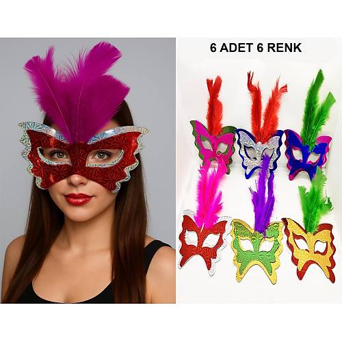 Renkli Parti Maskesi 6'l� | T�yl� Karton Maske Seti (Lastikli)