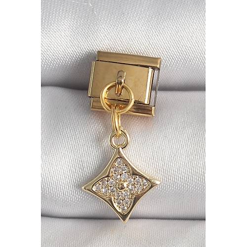 316L �elik Gold Renk Sallant� Zirkon Ta�l� �i�ek ��lemeli Nomination Charm