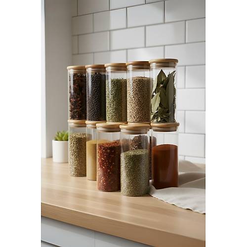 12�li Bambu Kapakl� Cam Kavanoz Baharatl�k Saklama D�zenleme Kavanozu 450 ml
