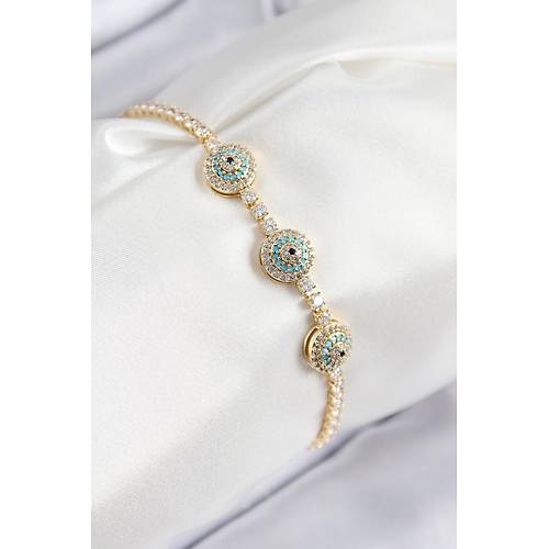 Pirin� Zirkon Ta�l� Nazar Model Gold Renk Kad�n Bileklik