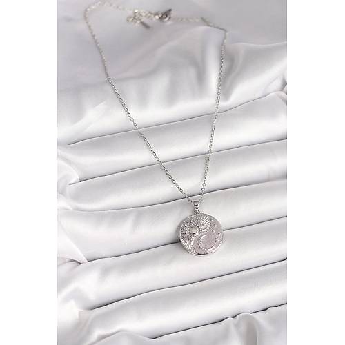 316L �elik G�m�� Renk Zincir Zirkon Ta�l� Ay G�ne� ��lemeli Madalyon Model Kad�n Kolye