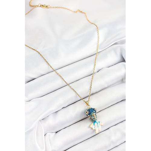 316L �elik Zincir Mavi Bal�k Model Gold Renk Kad�n Kolye