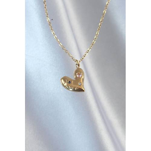 316L �elik Zincir Gold Renk Renkli Zirkon Ta�l� Kalp Kolye