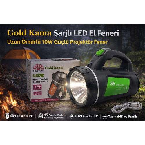 Gold  LED �arjl� El Feneri FC-838B 10W Uzun �m�rl� Ta��nabilir Projekt�r Fener